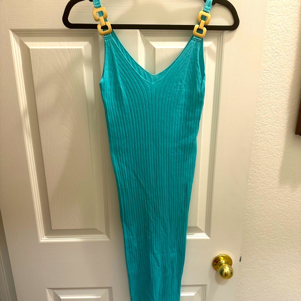 Aqua blue dress with gold strap, designer detail size small with stretch